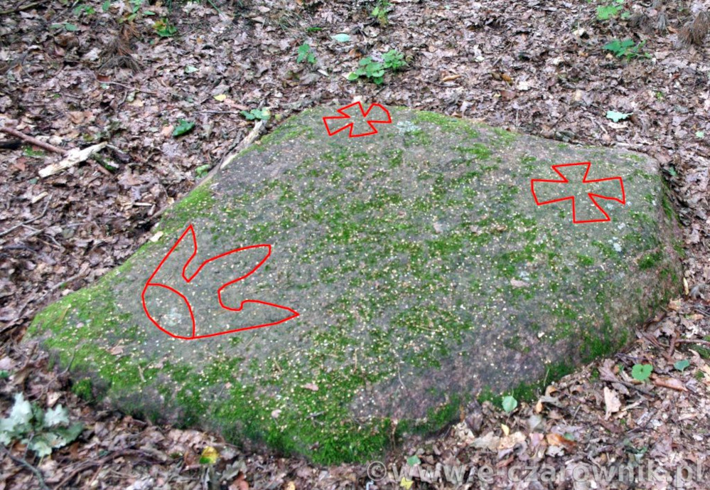 Kamień Napoleoński — widoczne rytowane symbole: korona i krzyże